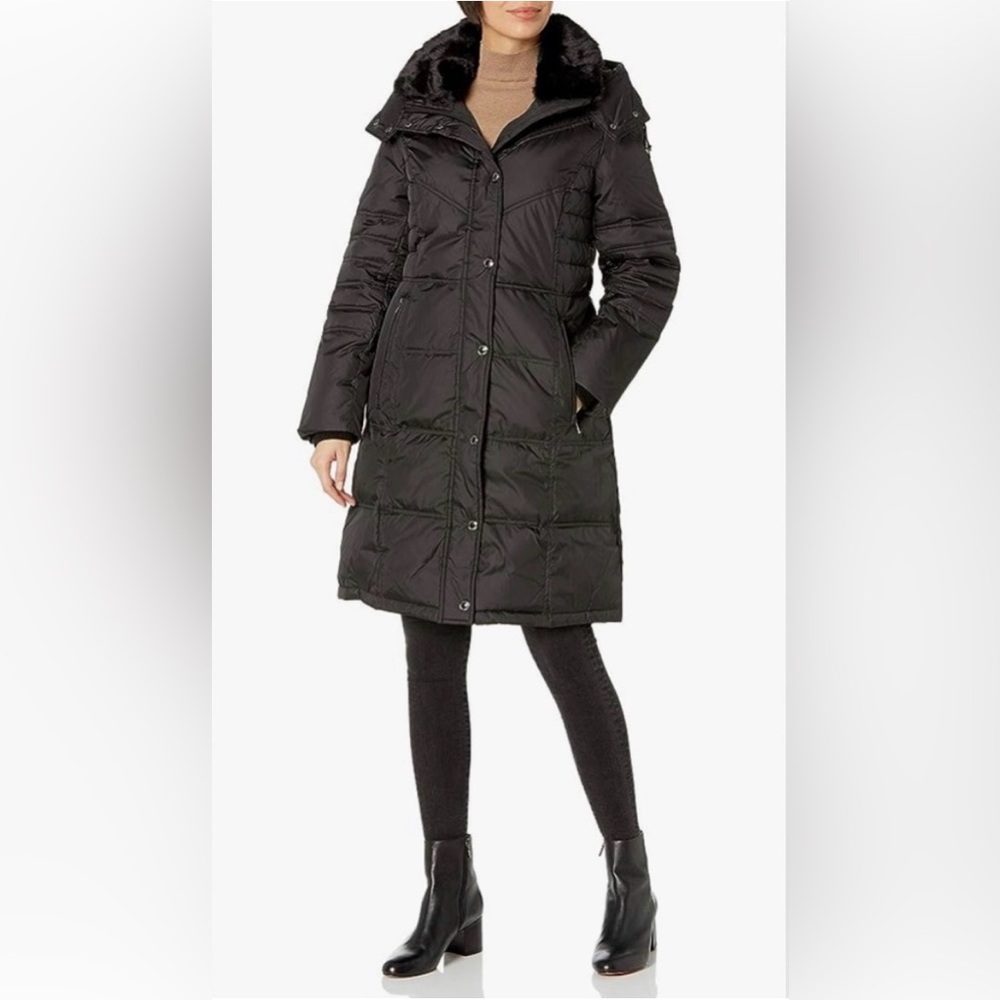 New with Tags London Fog Chevron Coat with Faux Fur Trimmed Hood - Picture 2 of 8